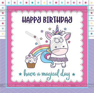 Happy birthday card with lovely baby girl unicorn - vector clip art