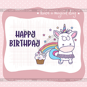 Happy birthday card with lovely baby girl unicorn - vector clip art