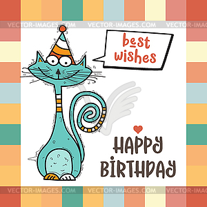 Happy birthday card with funny doodle cat - vector clipart