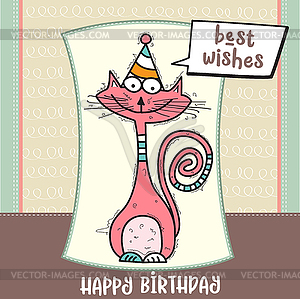 Happy birthday card with funny doodle cat - vector clipart