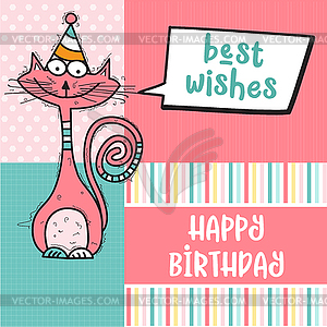 Happy birthday card with funny doodle cat - vector image