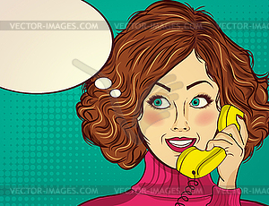 Beautiful red-haired lady, speaks to retro phone - vector clip art