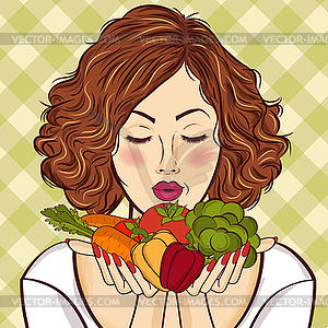 Красивая рыжая леди с овощами в своем - векторное изображение клипарта