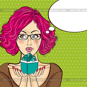 Red-haired lady with gift in her hands - vector clipart / vector image