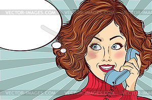 Beautiful red-haired lady, speaks to retro phone - vector clipart