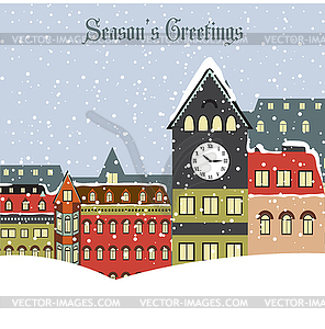 Christmas card with town in winter - color vector clipart