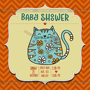 Baby shower card template with fat doodle cat - vector clipart