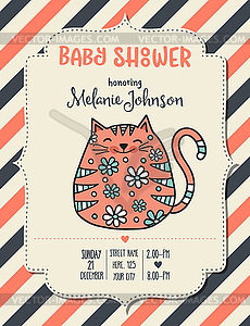 Baby shower card template with fat doodle cat - vector clip art