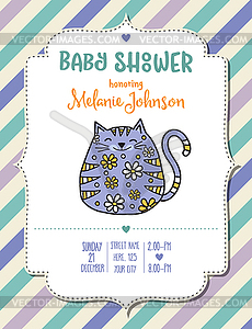Baby shower card template with fat doodle cat - vector clip art