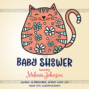 Baby shower card template with fat doodle cat - vector image