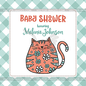 Baby shower card template with fat doodle cat - vector clipart