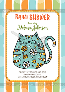 Baby shower card template with fat doodle cat - vector clip art