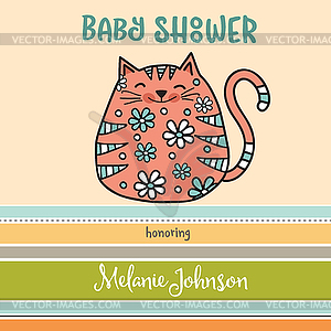 Baby shower card template with fat doodle cat - vector clipart / vector image