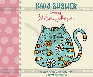 Baby shower card template with fat doodle cat - vector image