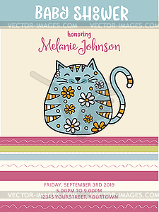 Baby shower card template with fat doodle cat - vector clipart