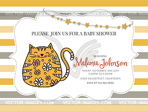 Baby shower card template with fat doodle cat - color vector clipart