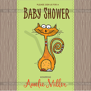 Baby shower card template with funny doodle cat - vector clip art