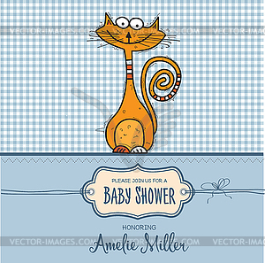 Baby shower card template with funny doodle cat - vector image