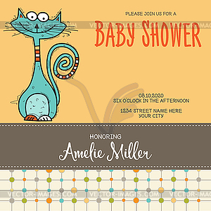 Baby shower card template with funny doodle cat - vector image