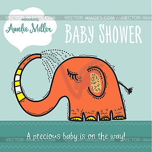 Baby shower card template with funny doodle elephant - royalty-free vector clipart