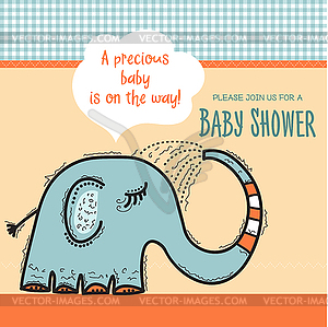 Baby shower card template with funny doodle elephant - vector clipart