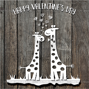 Бумажный разрез жирафов в любви, открытка на День Святого Валентина - векторный клипарт EPS