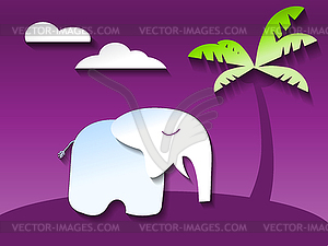 Elephant in ultraviolet jungle, paper art style - vector image