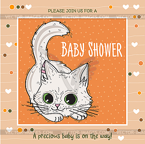 Baby shower card template with funny doodle kitten - vector clipart