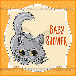 Baby shower card template with funny doodle kitten - vector clip art