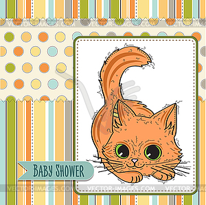 Baby shower card template with funny doodle kitten - vector clipart