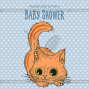 Baby shower card template with funny doodle kitten - vector clipart