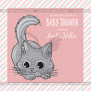 Baby shower card template with funny doodle kitten - vector image