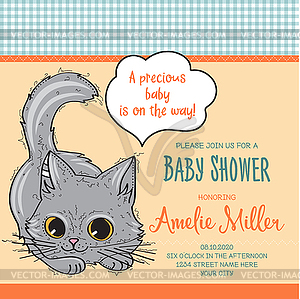 Baby shower card template with funny doodle kitten - vector clip art