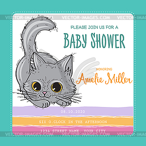 Baby shower card template with funny doodle kitten - vector image