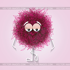 Fluffy cute pink spherical creature thinking and - vector image