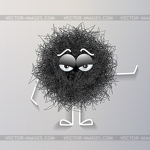 Fluffy cute black spherical creature bored - vector image