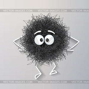 Fluffy cute black spherical creature sad and - vector image