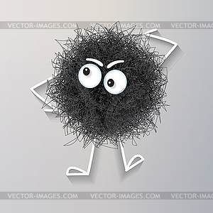 Fluffy cute black spherical creature thinking - vector clip art