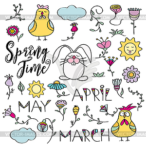 Doodle set of spring elements. Flowers, bunny, - vector clipart