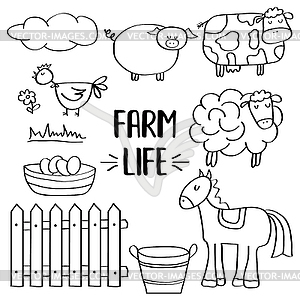 Doodle animal farm set for colorig - vector clipart