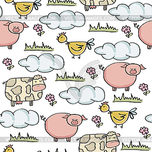 Doodle seamless pattern with animal farm - vector clipart