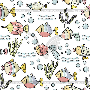 Doodle seamless pattern with fishes - vector image