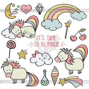 Doodle items collection with unicorns and other - vector clipart