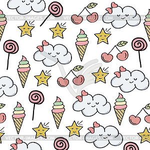 Doodle seamless pattern with magical sweets elements - vector clip art