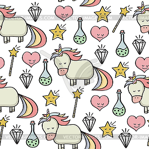 Doodle seamless pattern with unicorns and other - vector clipart