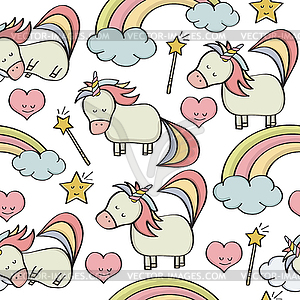 Doodle seamless pattern with unicorns and other - vector image