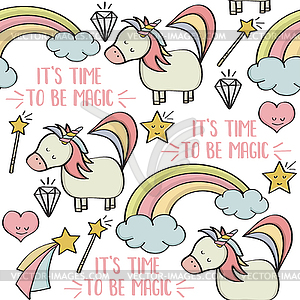 Doodle seamless pattern with unicorns and other - vector clipart