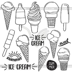 Doodle ice cream collection in black and white for - vector clip art