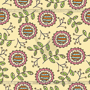 Doodle seamless pattern with flowers and leaves - vector image