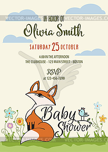 Baby shower card with cute little fox - vector image